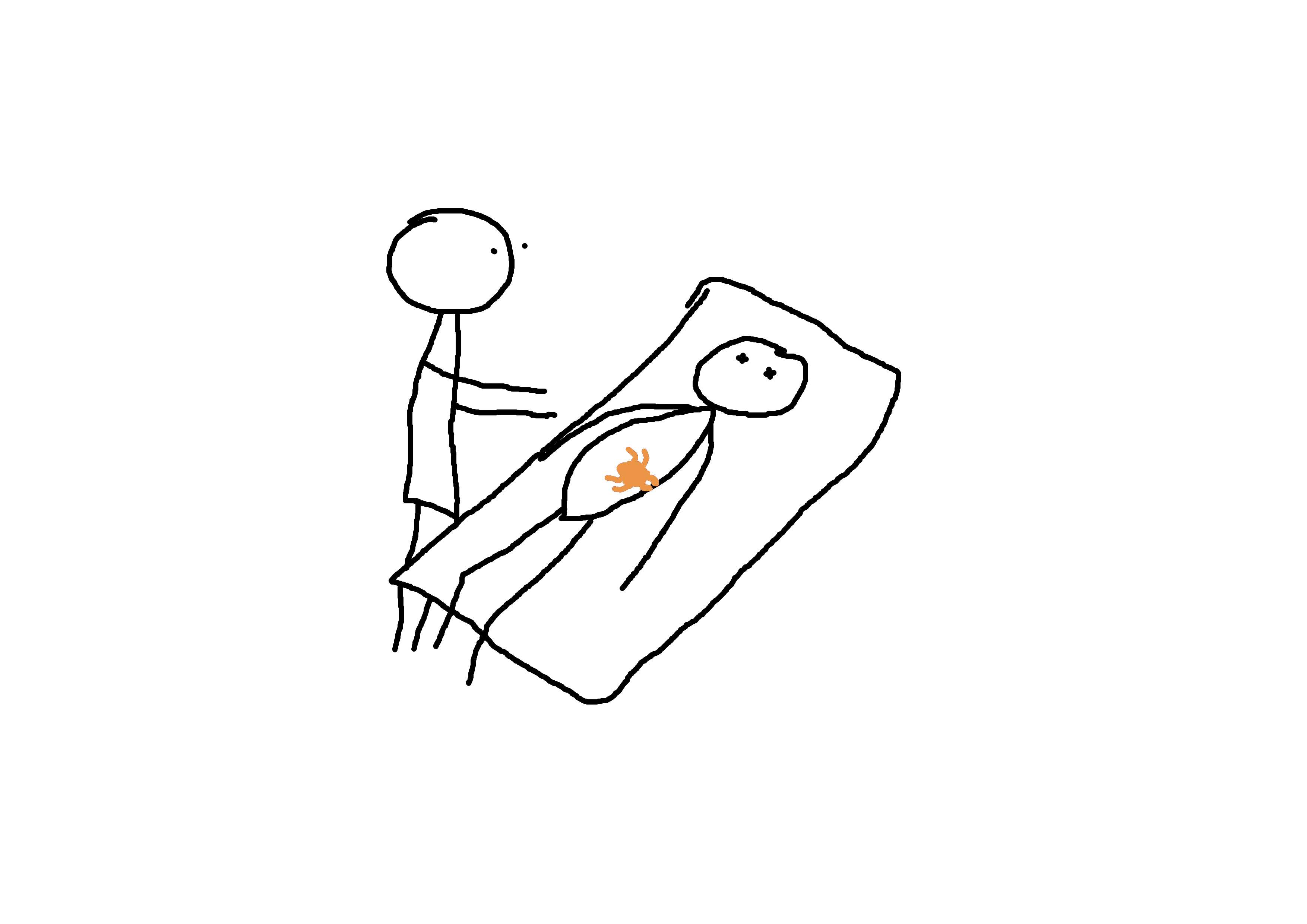 stick figure man standing beside human lying in the bed with a &lsquo;bug&rsquo; coming out.